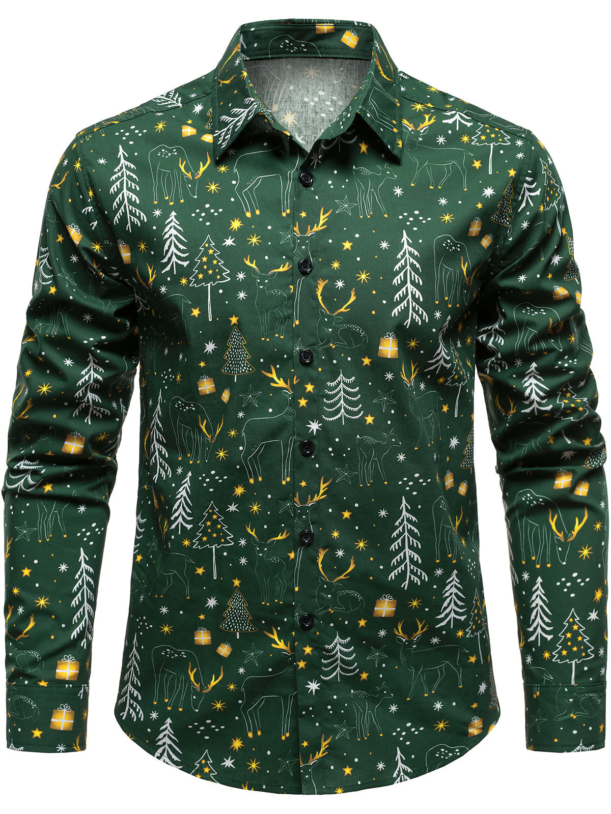 Men's Christmas Tree Funny Festive Reindeer Green Holiday Long Sleeve Shirt