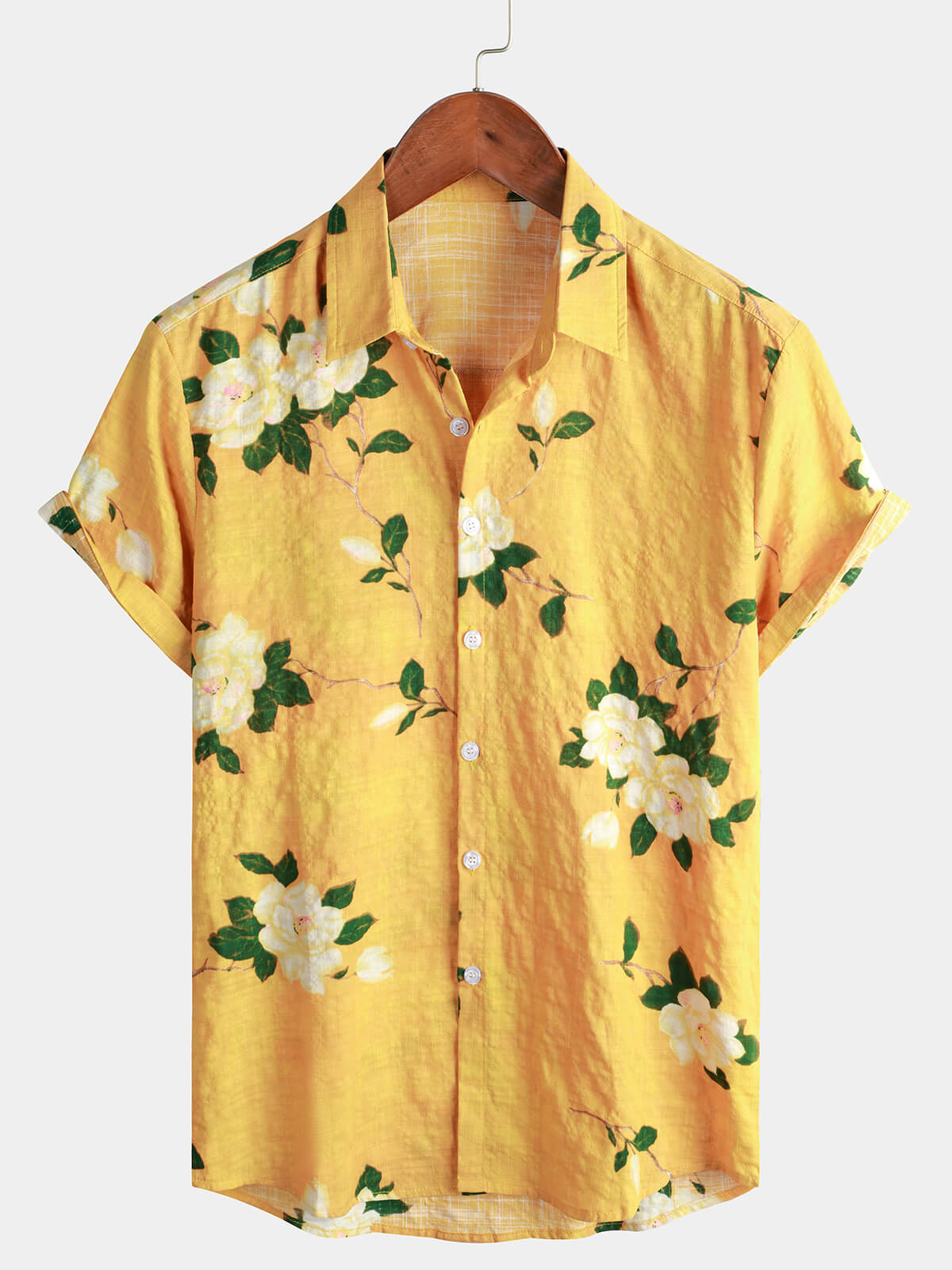 Men's Yellow Vintage Floral Cotton Hawaiian Breathable Short Sleeve Button Up Shirt