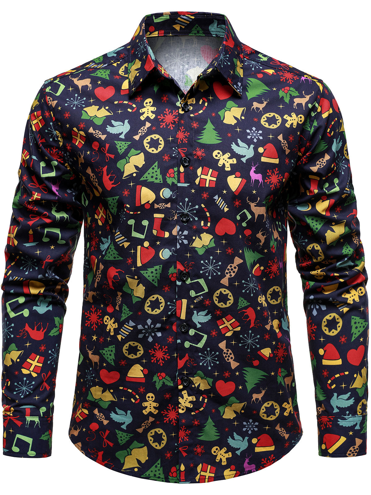 Men's Christmas Themed Festive Prints Navy Blue Long Sleeve Shirt