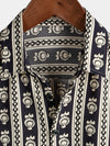 Men's Floral Navy Blue Striped Short Sleeve Vintage Retro Summer Button Up Shirt