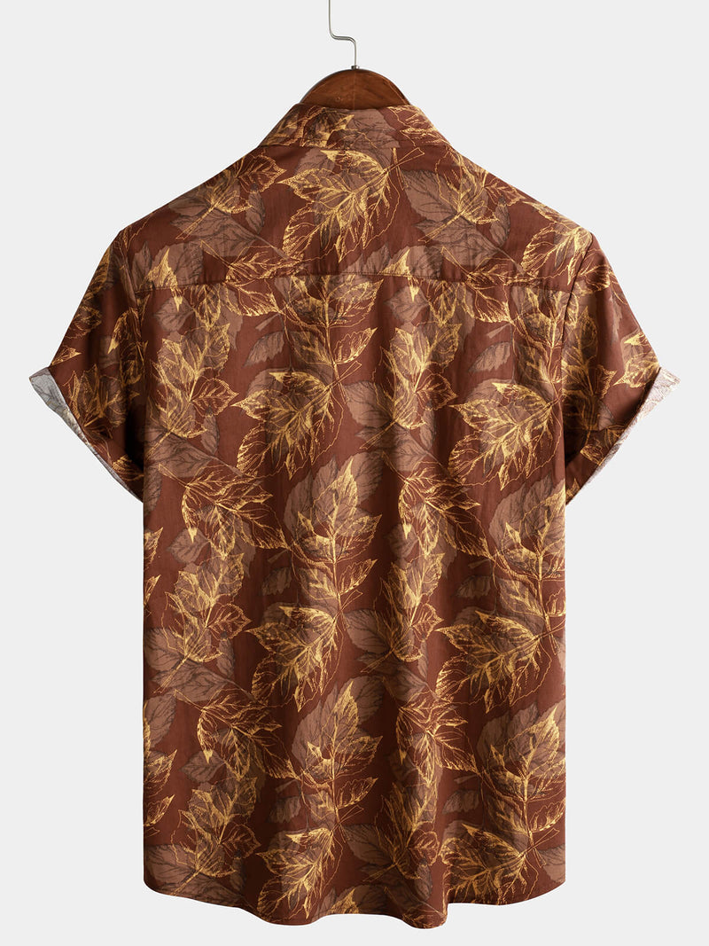 Men's Vintage Brown Leaf Print Cotton Beach Hawaiian Short Sleeve Button Up Shirt