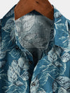 Men's Cotton Vintage Blue Leaf Print Beach Hawaiian Short Sleeve Button Up Shirt
