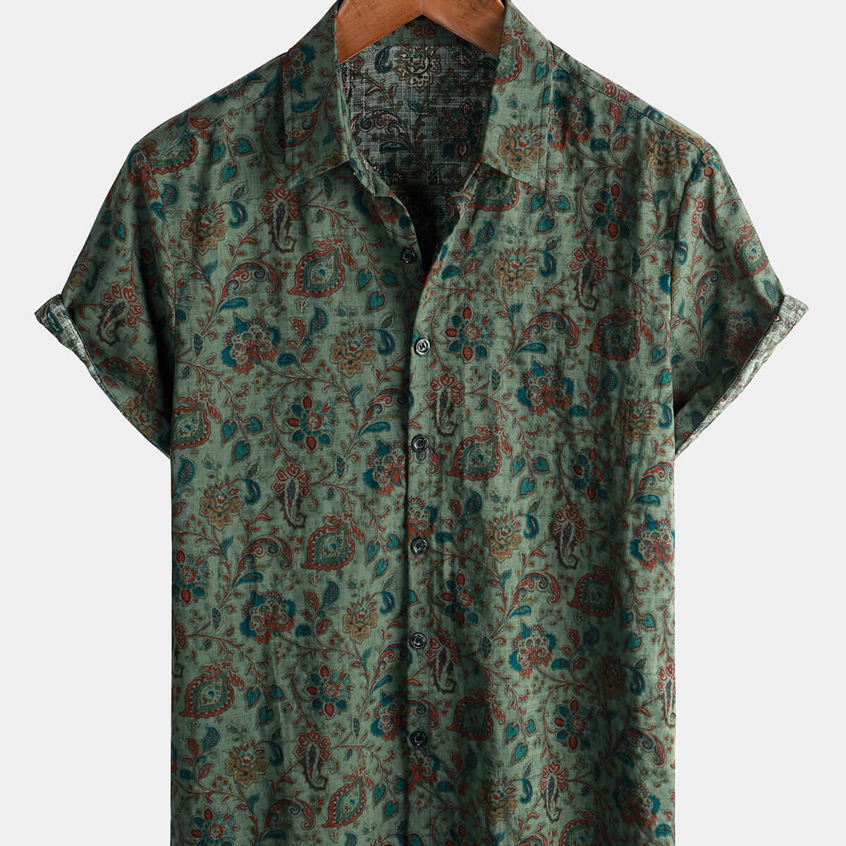 Men's Retro Paisley 70s Green Holiday Button Up Vintage Short Sleeve Shirt