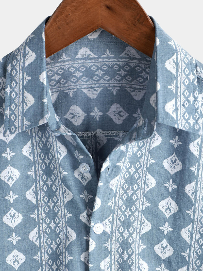 Men's Blue Cotton Retro Button Up Striped Vintage Summer Short Sleeve Shirt