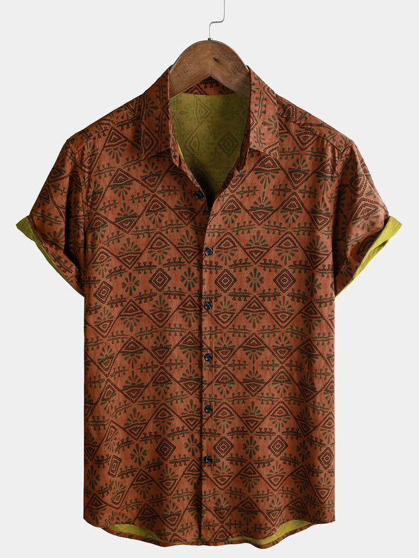 Men's Rayon Orange Geometric Tribal Print Boho Short Sleeve Shirt