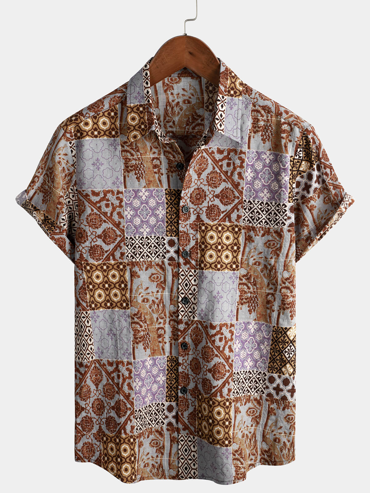 Men's Vintage Floral Patchwork Short Sleeve Retro Brown 70s Summer Button Up Shirt