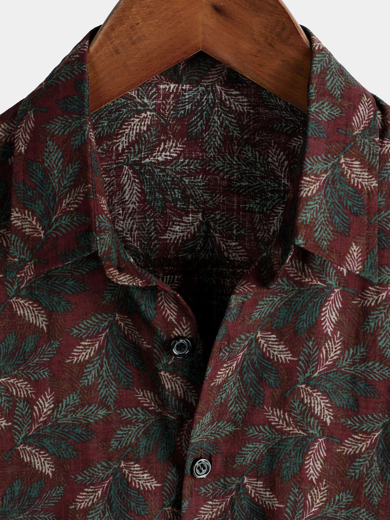 Men's Vintage Floral Short Sleeve Retro Burgundy Summer Beach Button Up Shirt