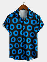 Men's Retro Cool Button Up Vintage Blue Geometric Circle Summer Beach Short Sleeve Shirt