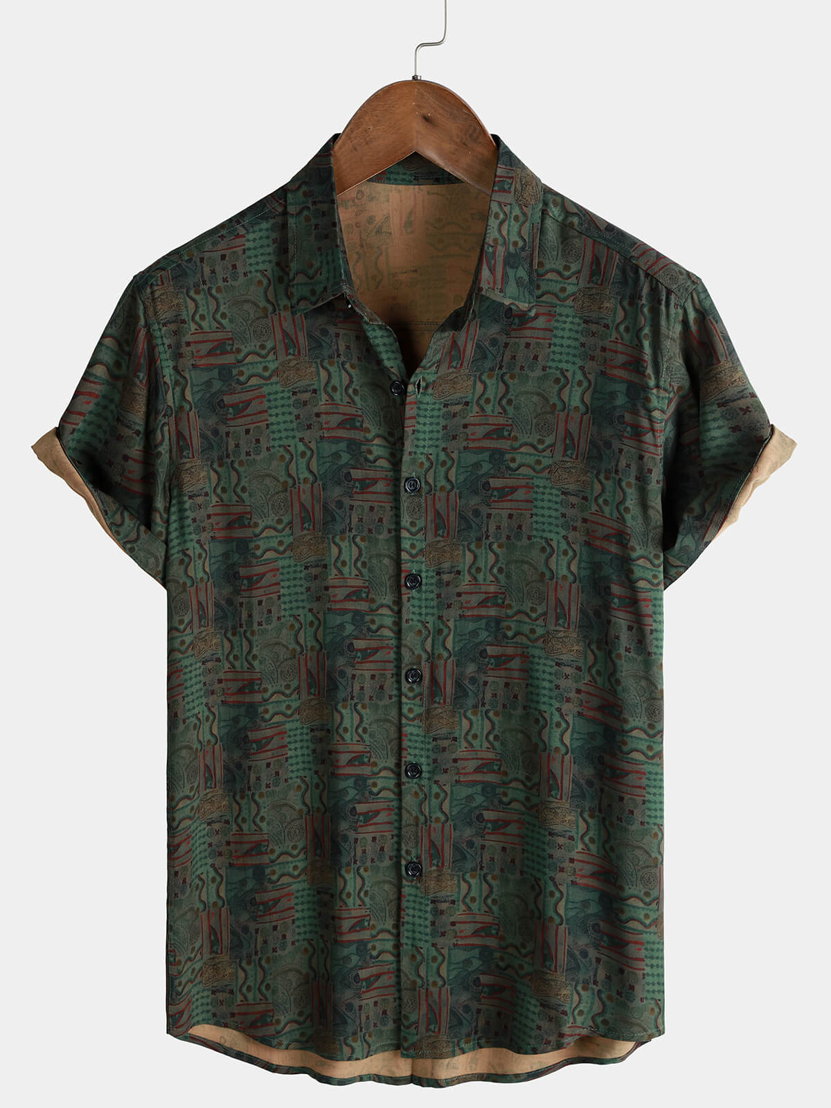 Men's Green Vintage Abstract Geometric Print Casual Short Sleeve Shirt