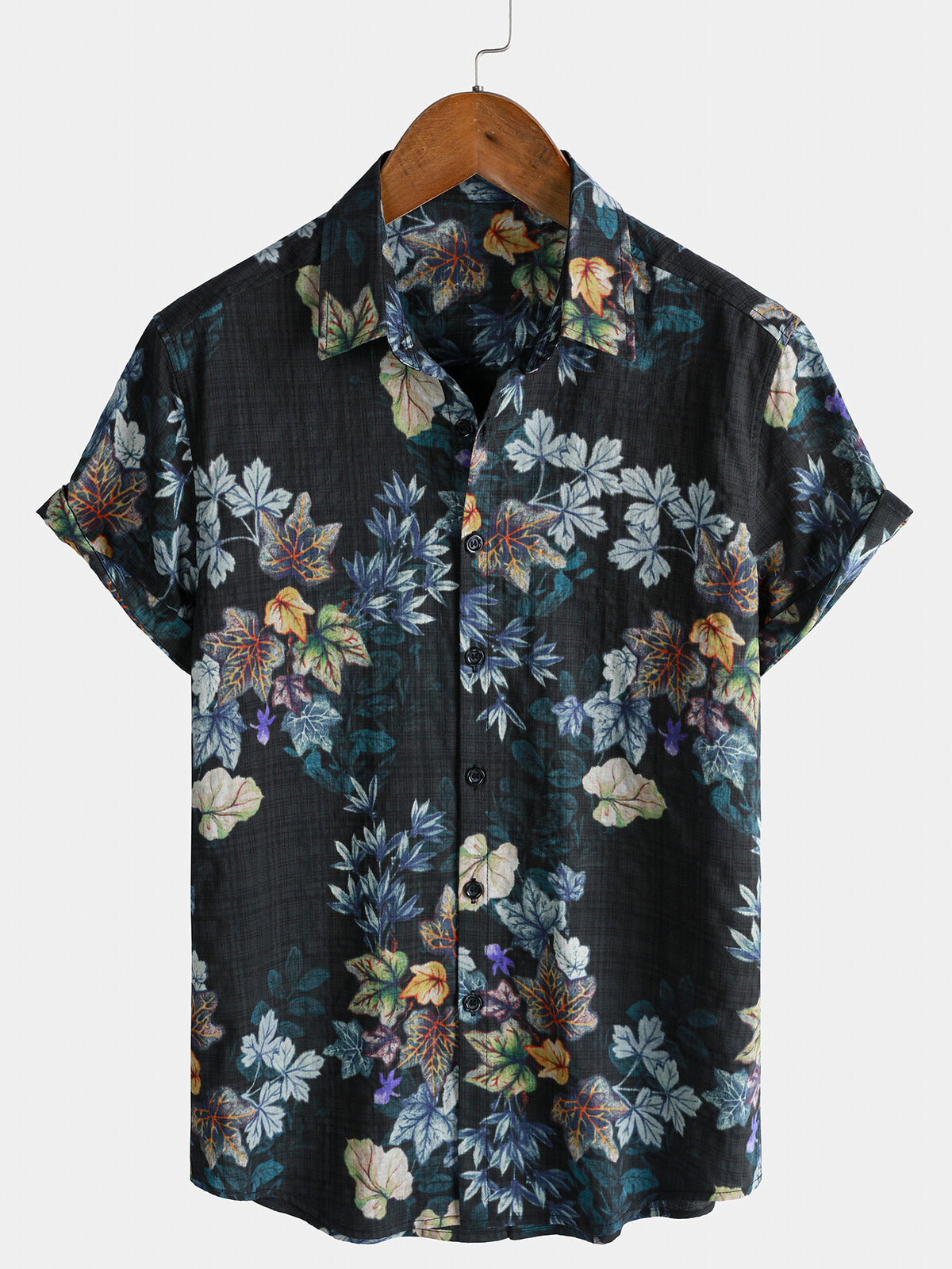 Men's Black Watercolor Botanical Leaf Print Resort Short Sleeve Shirt