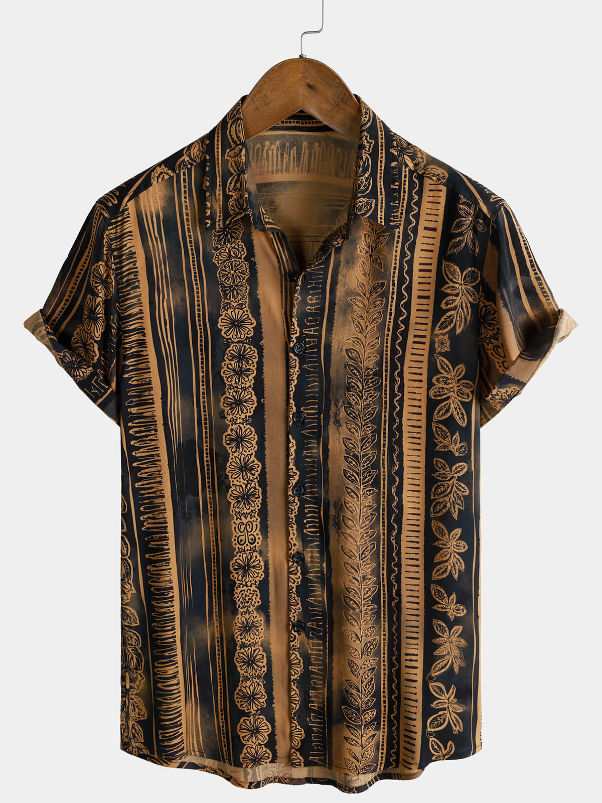 Men's Vertical Tribal Floral Print Hawaiian Short Sleeve Shirt