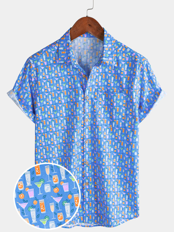 Men’s Cocktail Print Short Sleeve Button Down Breathable Casual Summer Shirt