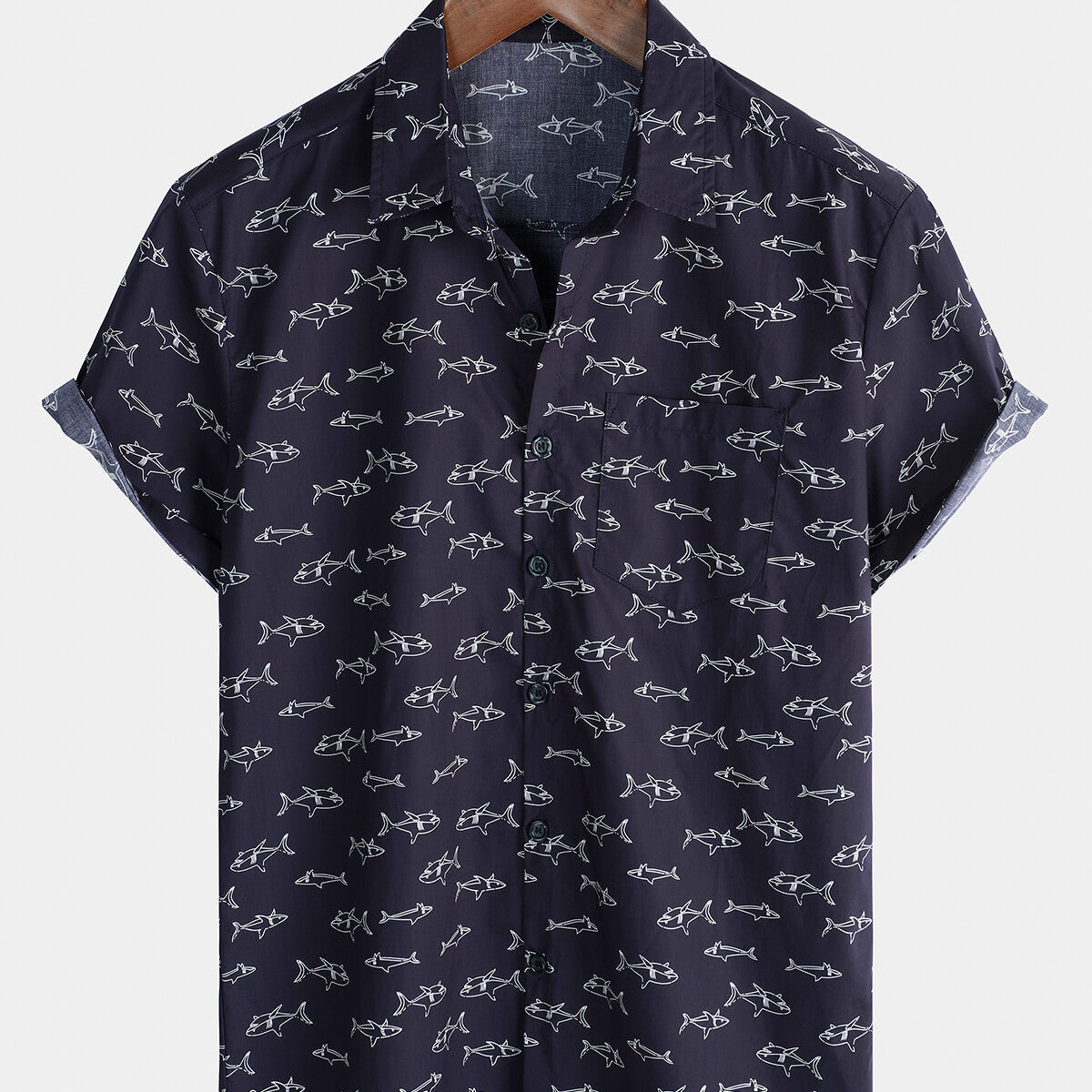 Men's Short Sleeve Hawaiian Fish Cotton Pocket Button Funny Aloha Shirt