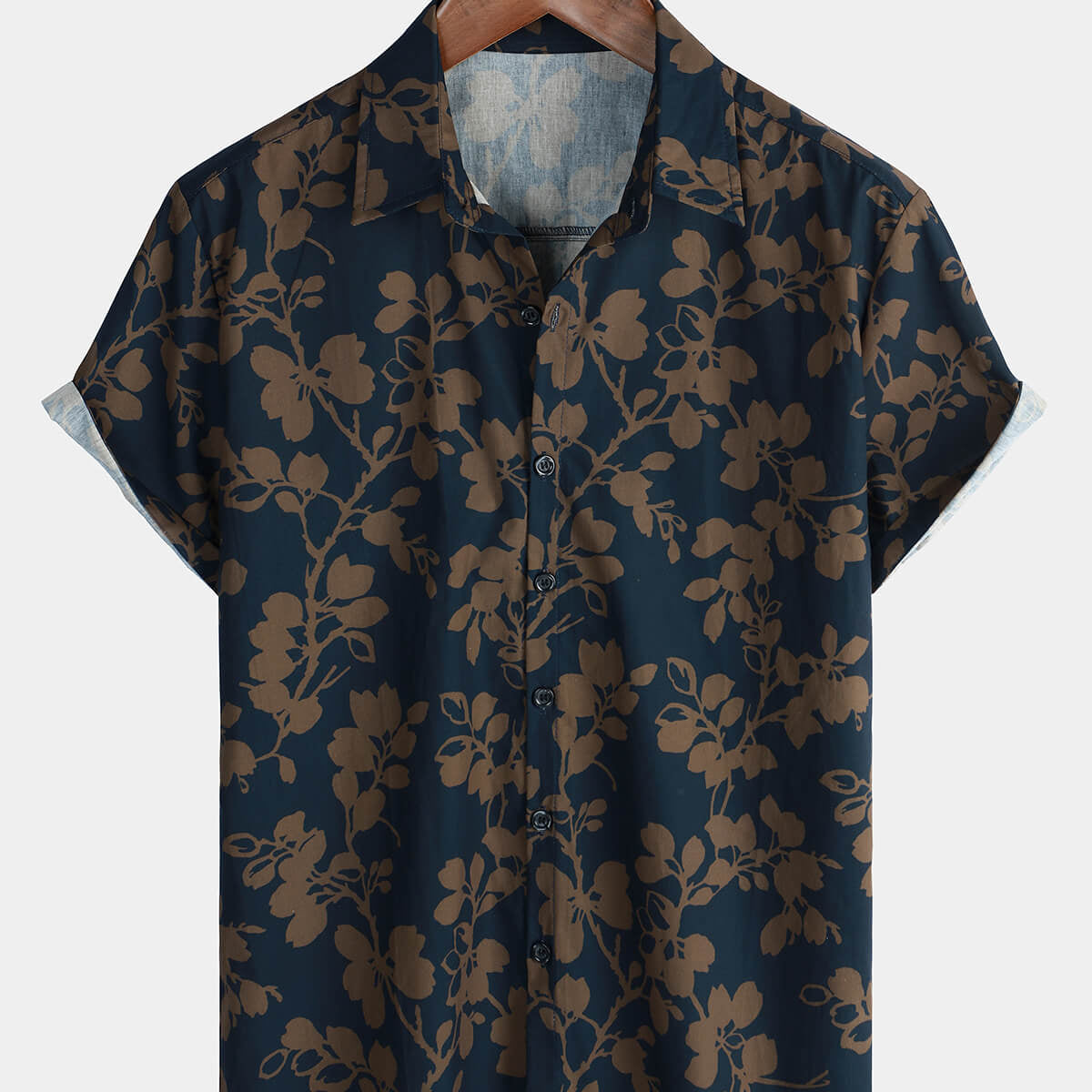 Men's Vintage Holiday Cotton Hawaiian Floral Button Up Navy Blue Short Sleeve Shirt