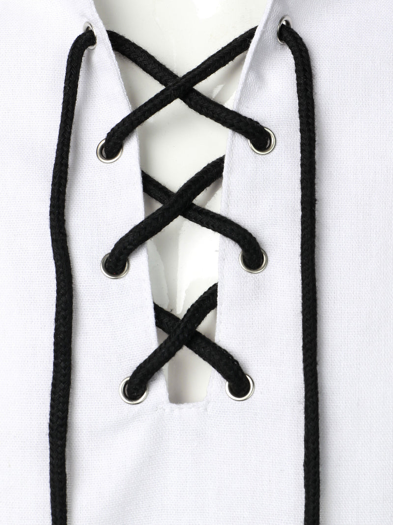 Men's Cotton Retro Drawstring Gothic Solid Color Short Sleeve Shirt