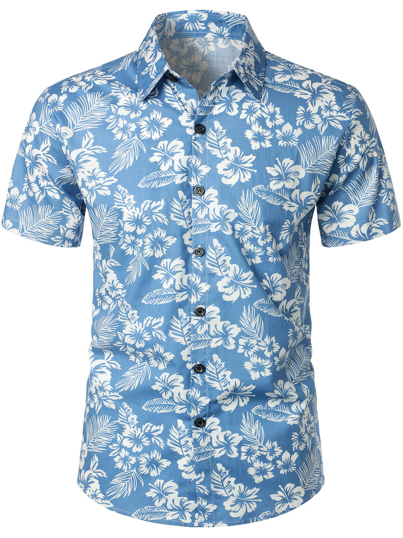 Men's Blue Tropical Floral Plant Leaf Cotton Button Up Short Sleeve Al – Atlanl