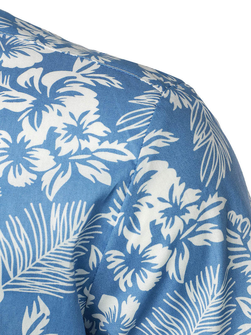 Men's Blue Tropical Floral Plant Leaf Cotton Button Up Short Sleeve Aloha Resort Beach Shirt