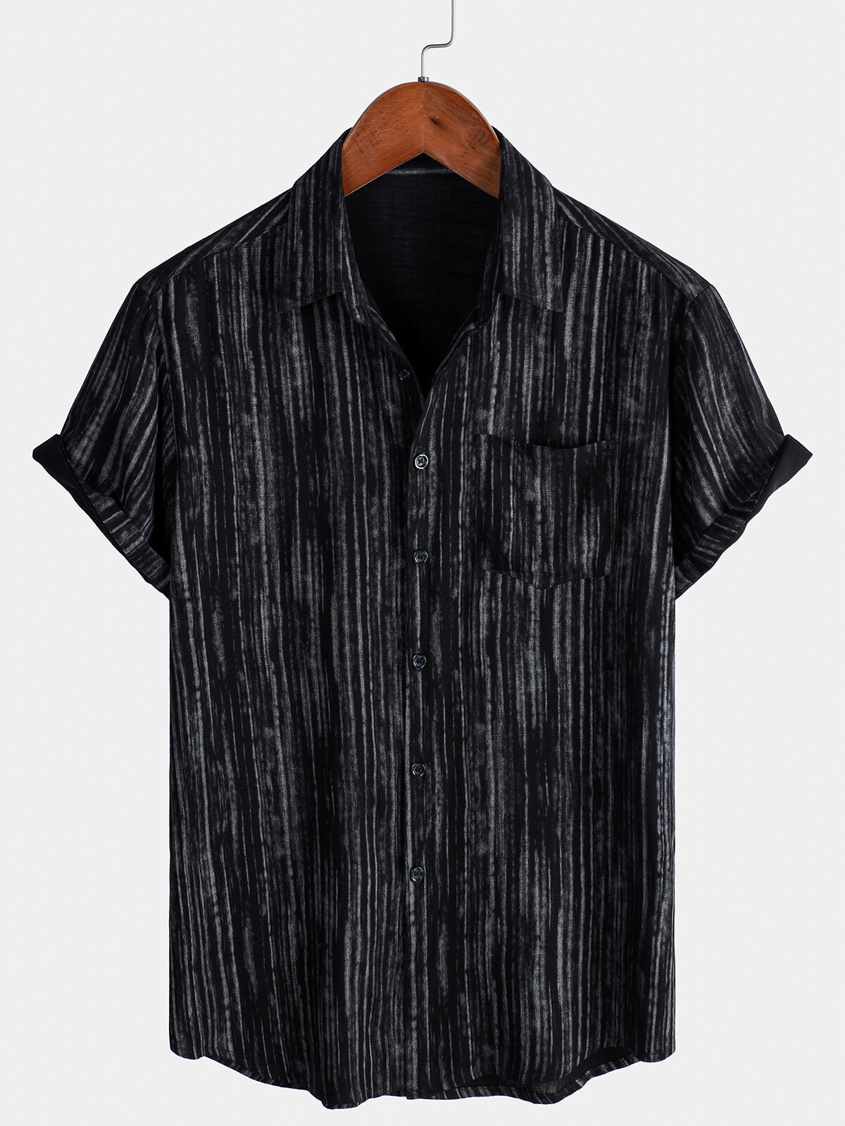 Men's Breathable Short Sleeve Pocket Black Striped Shirt