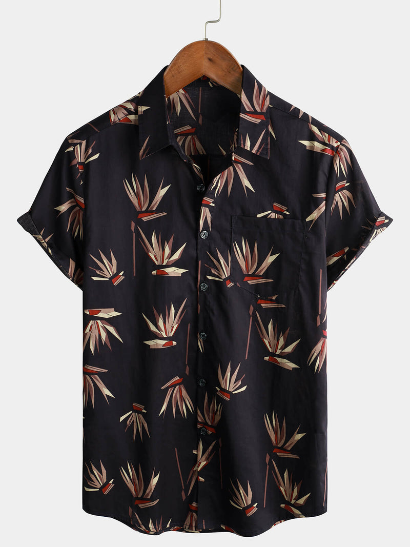 Men's Black Cotton Floral Short Sleeve Holiday Beach Pocket Button Up Shirt