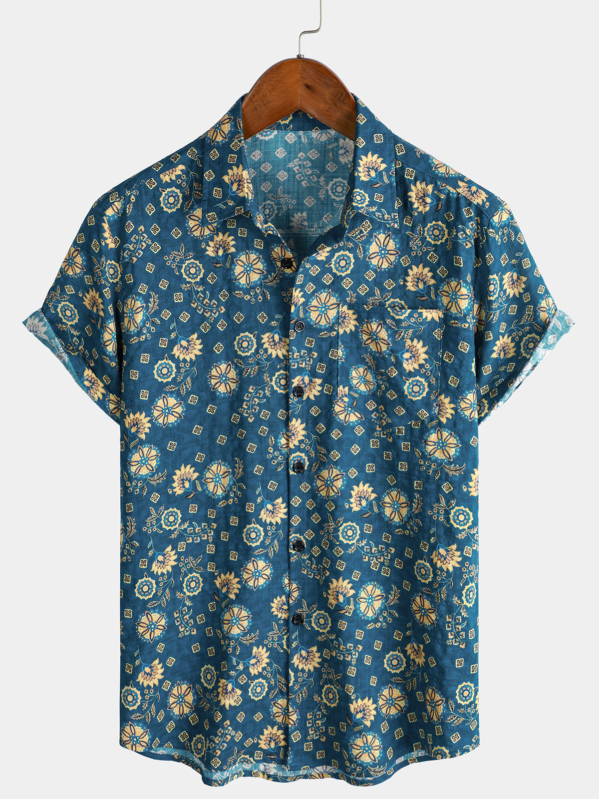 Men's Short Sleeve Retro Print Pocket Beach Shirt