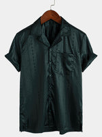 Men's Camp Hawaiian Beach Pocket Jacquard Button Up Short Sleeve Summer Cuban Collar Shirt