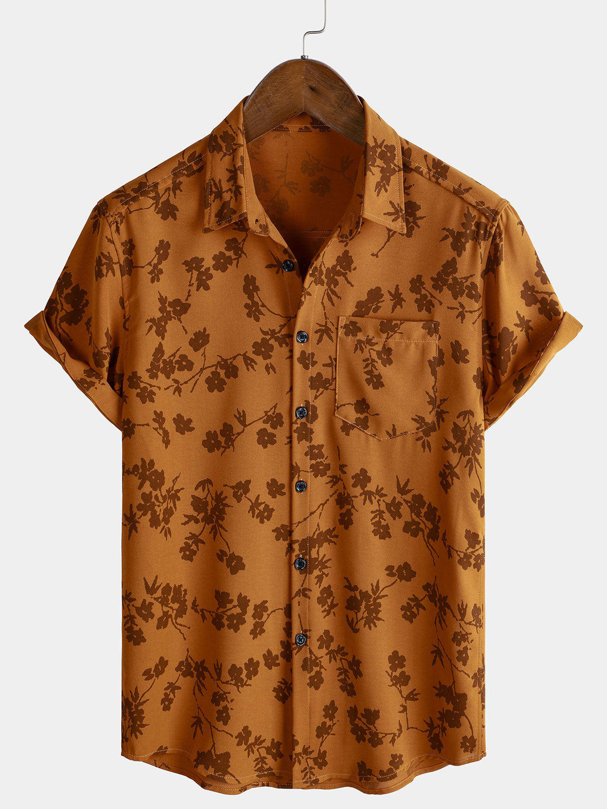 Men's Floral Print Vintage Flower Holiday Pocket Short Sleeve Shirt