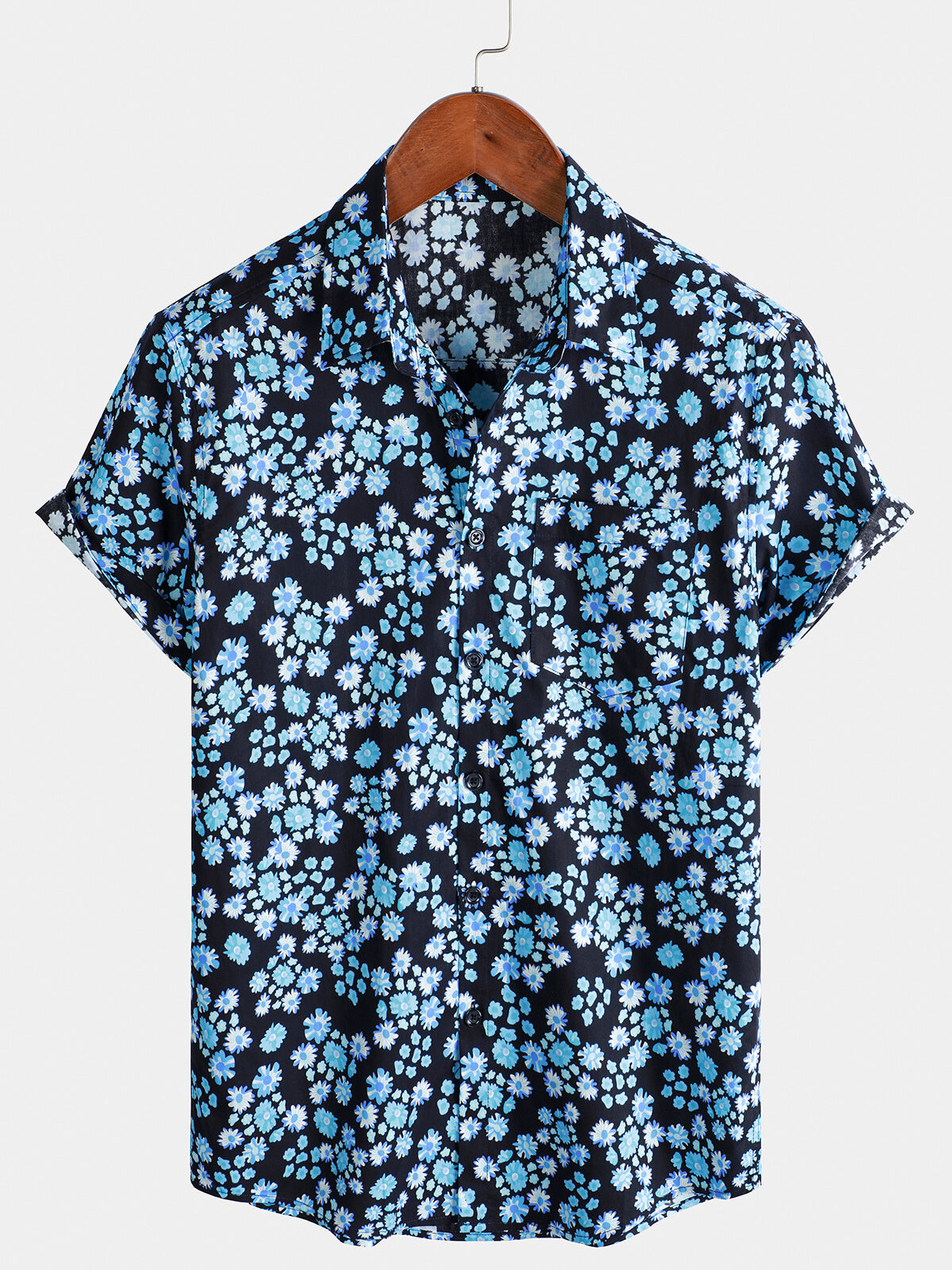 Men's Blue Floral Breathable Cotton Hawaiian Tropical Beach Vacation Resort Shirt