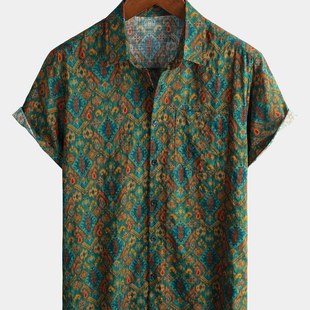 Men's Green Vintage Cotton Bohemian Short Sleeve Shirt