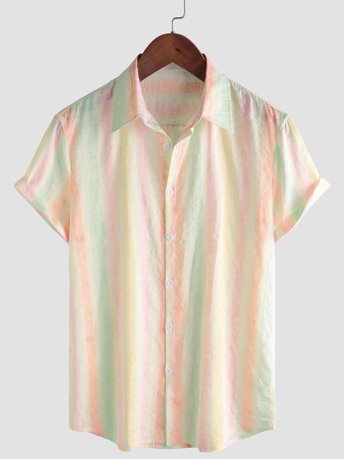 Men's Retro Colorful Striped Holiday Button Up Casual Short Sleeve Shirt