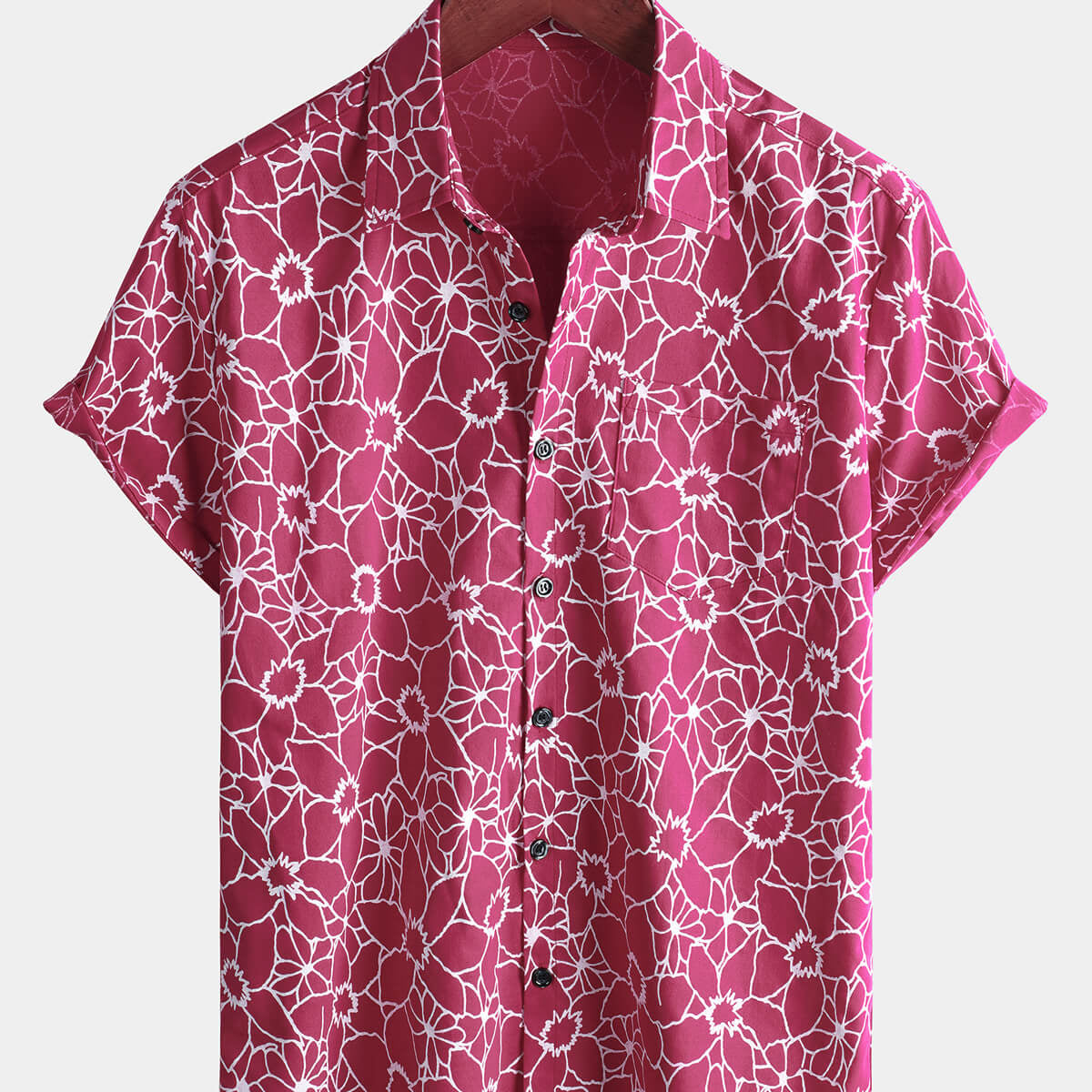 Men's Floral Pink Hawaiian Cotton Short Sleeve Shirt
