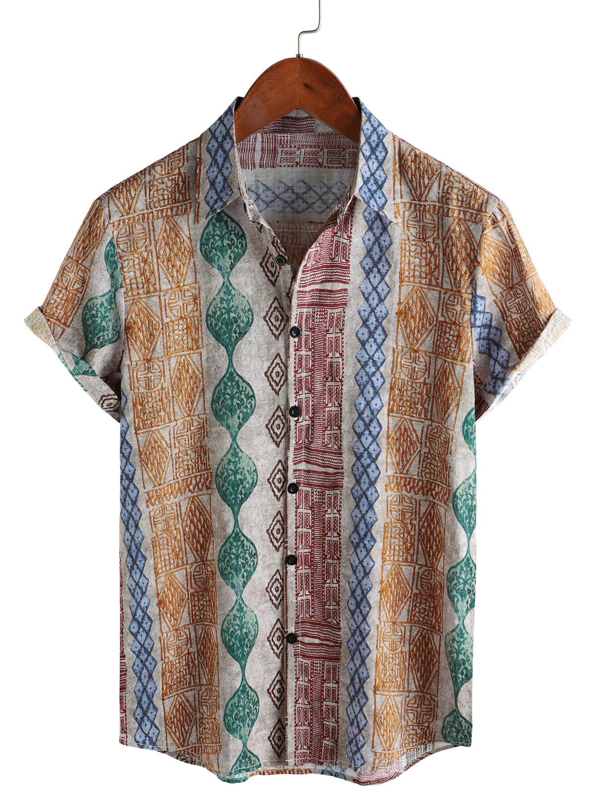 Men's Retro Striped Print Holiday Button Up Short Sleeve Shirt