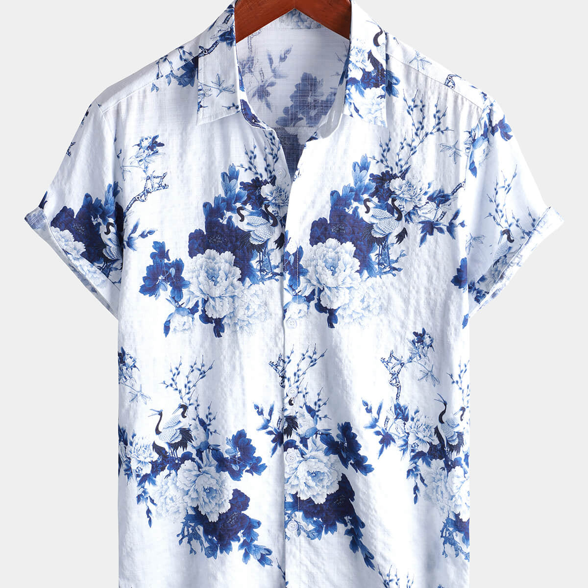 Men's Blue Floral Summer Cotton Short Sleeve Shirt