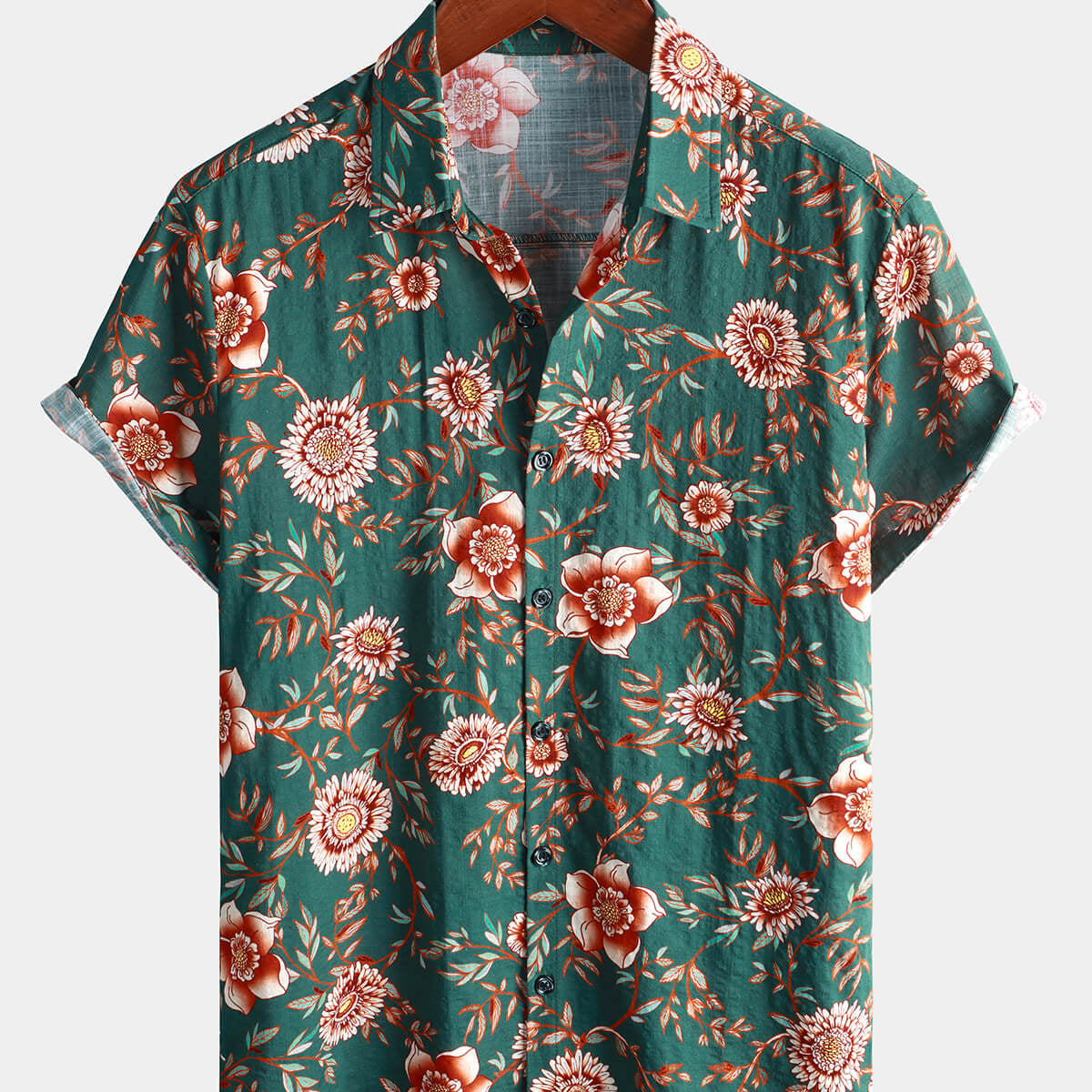 Men's Floral Green Vintage Short Sleeve Summer Cotton Shirt