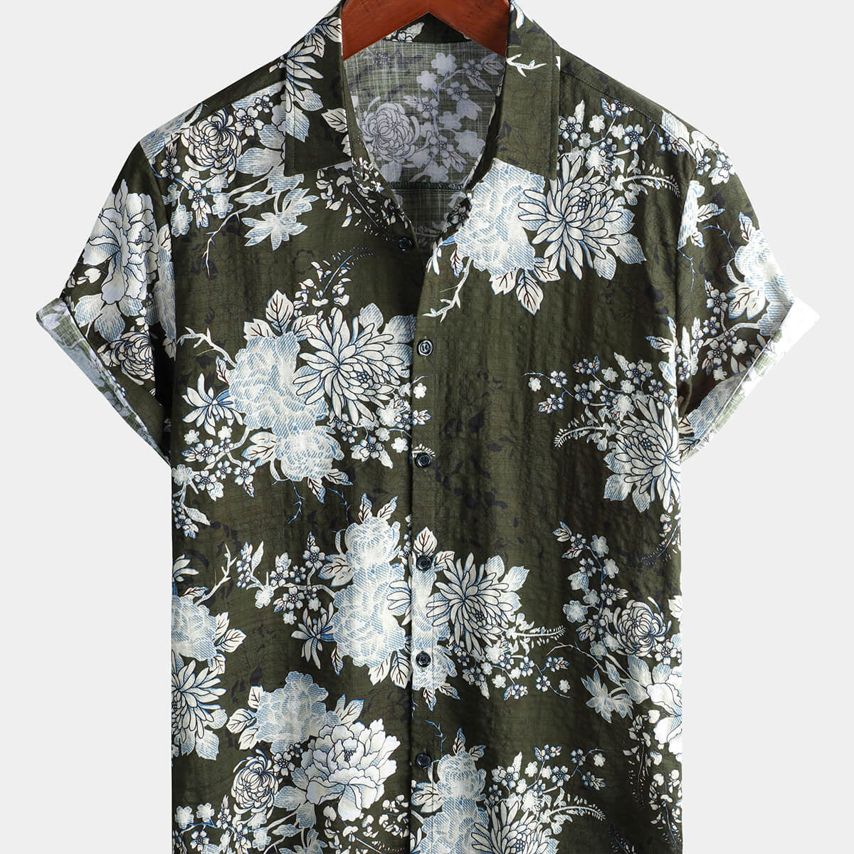 Men's Green Floral Summer Cotton Short Sleeve Shirt
