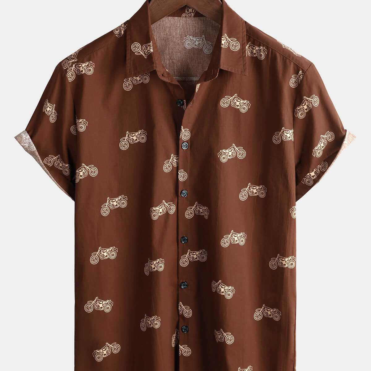 Men's Motorcycle Print Button Brown Holiday Cotton Short Sleeve Shirt