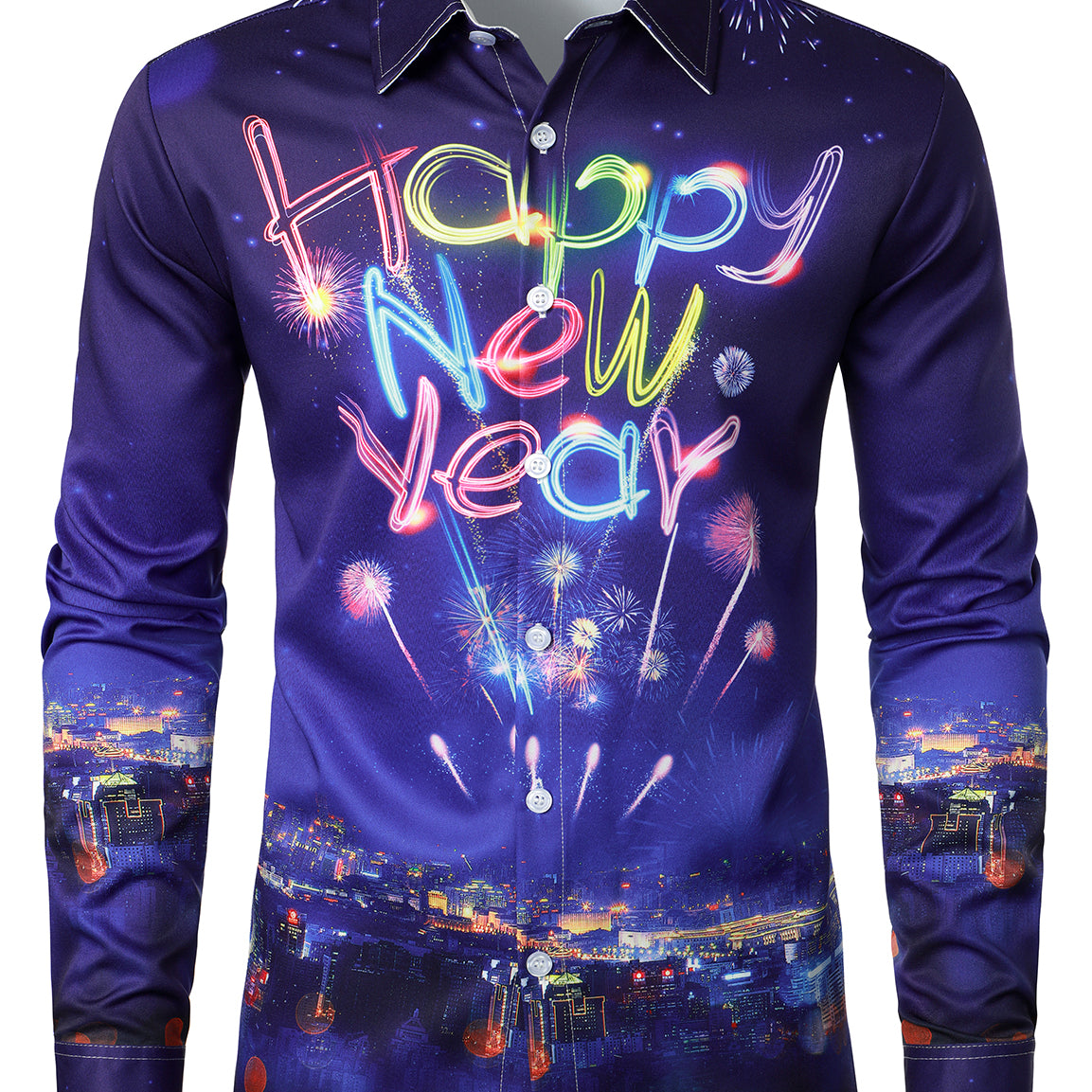 Men's Fireworks Holiday 2024 Happy New Year Party Button Up Long Sleeve Shirt