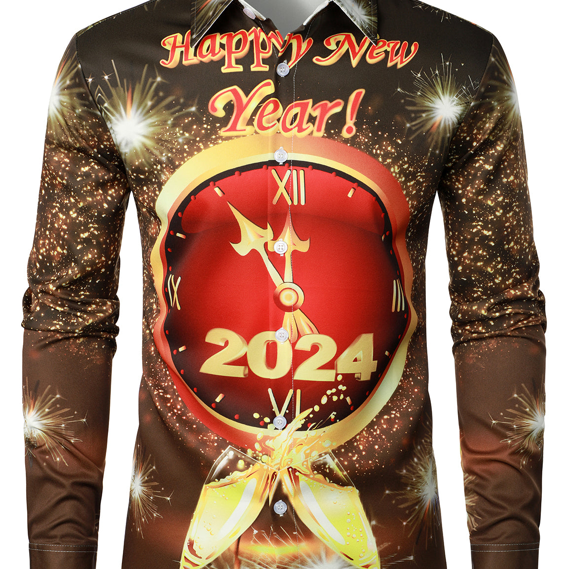 Men's Happy New Year Eve Funny Countdown Clock Christmas Button Up Long Sleeve Shirt
