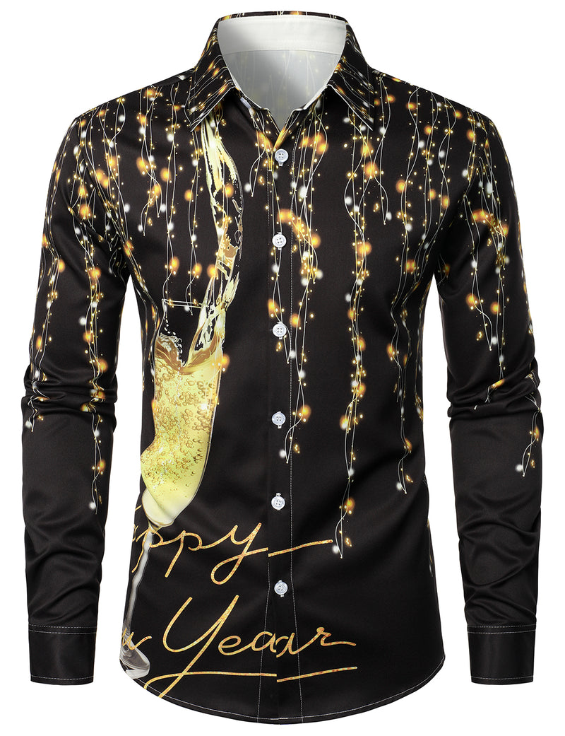 Men's New Year Eve Party Funny Cheers Champagne Celebration Button Black Long Sleeve Shirt