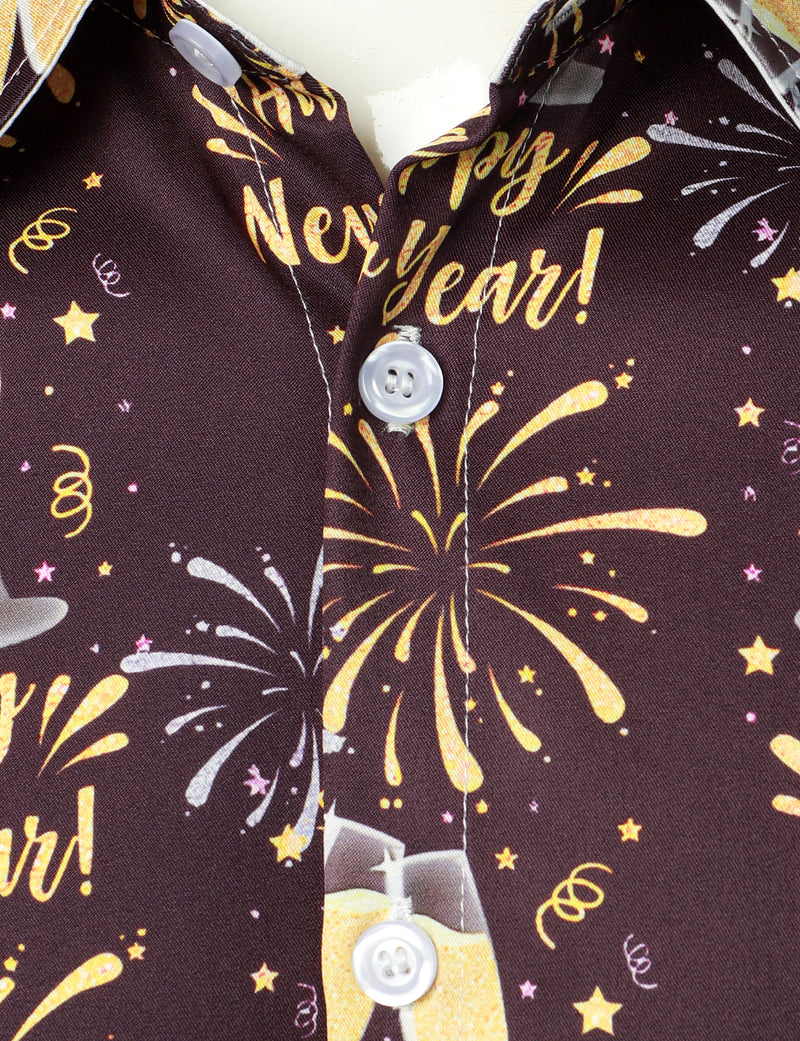 Men's Fireworks Holiday Happy New Year Eve Party Button Up Long Sleeve Shirt