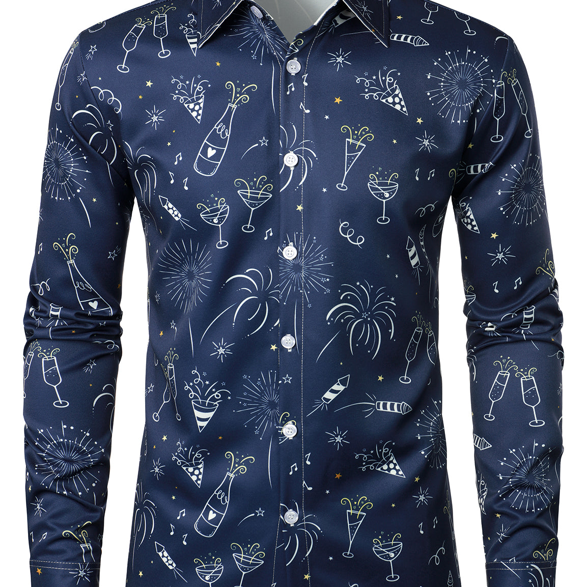 Men's Fireworks Holiday New Year Party Button Up Blue Long Sleeve Shirt