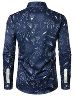 Men's Fireworks Holiday New Year Party Button Up Blue Long Sleeve Shirt