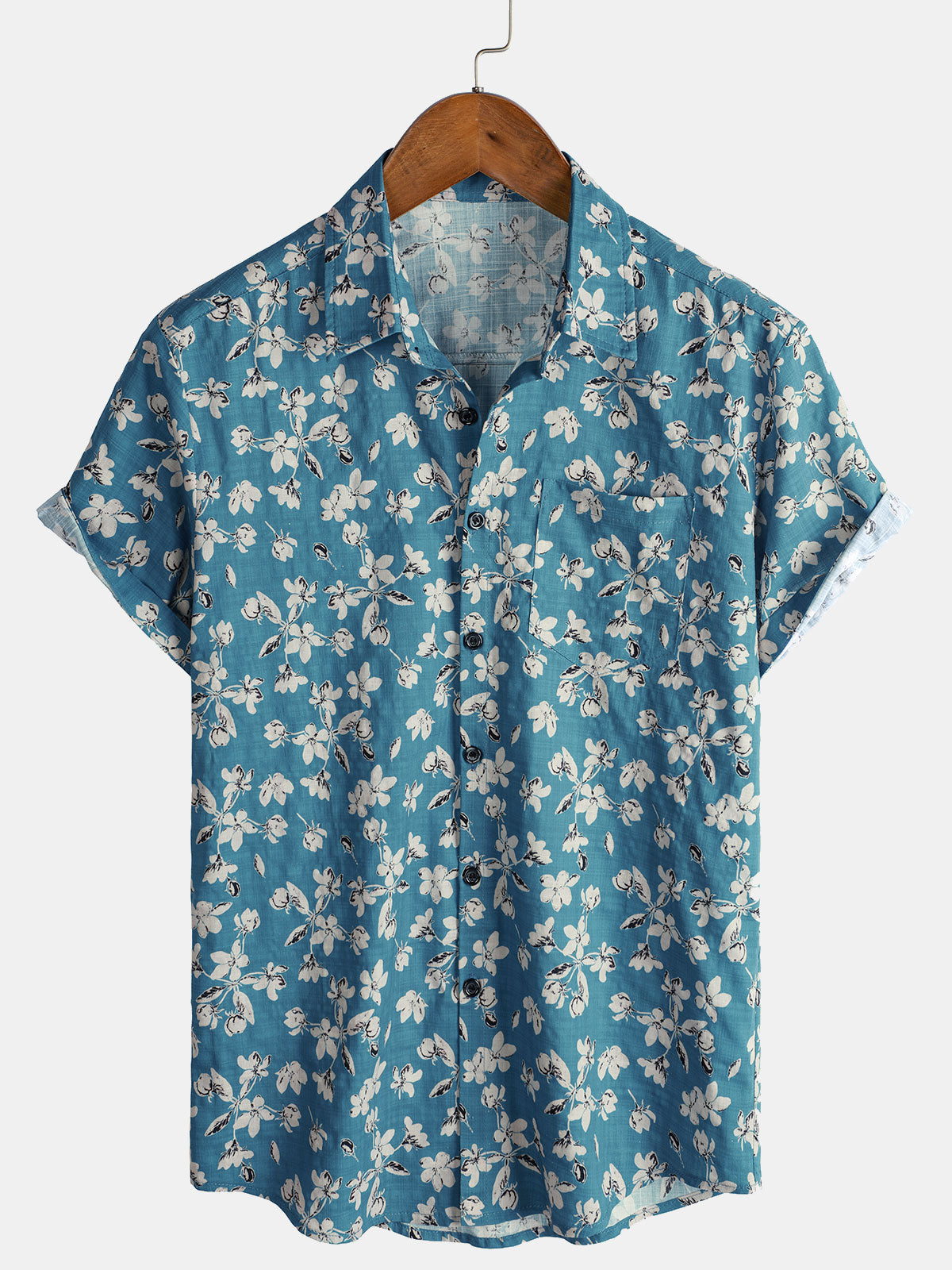 Men's Blue Flower Print Summer Holiday Cotton Short Sleeve Shirt