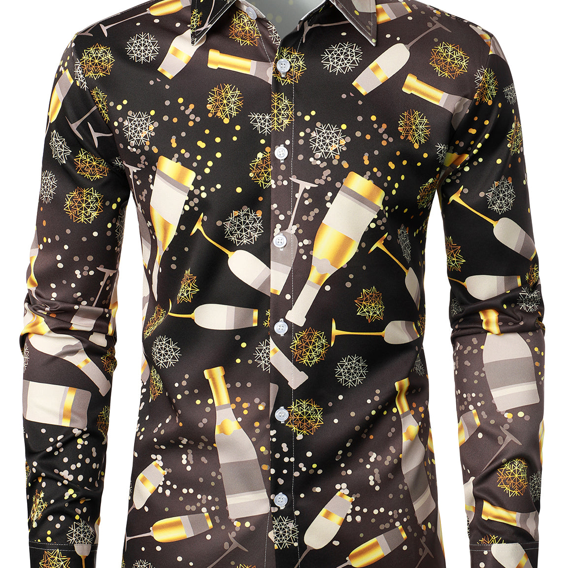 Men's Happy New Year Eve Funny Champagne Celebration Disco Button Up Long Sleeve Shirt