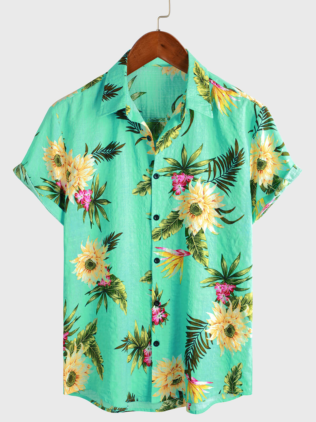 Men's Casual Tropical Floral Print Light Green Hawaiian Holiday Short Sleeve Shirt