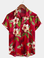 Men's Red Hawaiian Summer Tropical Floral Print Button Up Short Sleeve Shirt