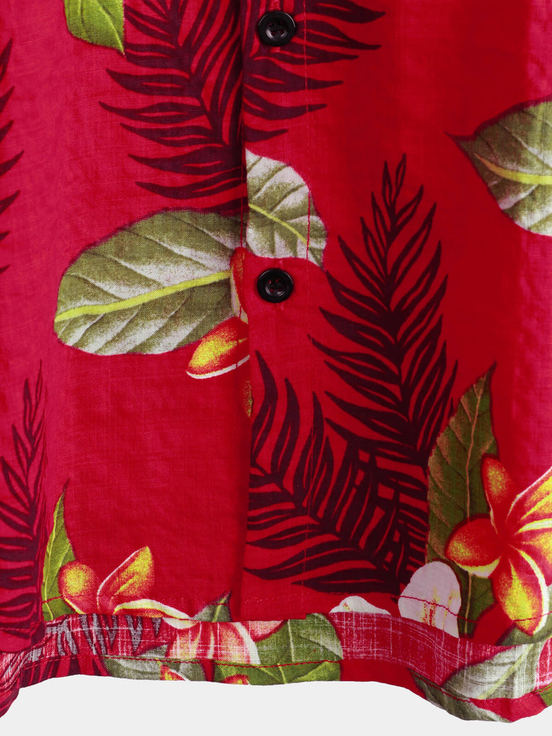 Men's Red Hawaiian Summer Tropical Floral Print Button Up Short Sleeve Shirt