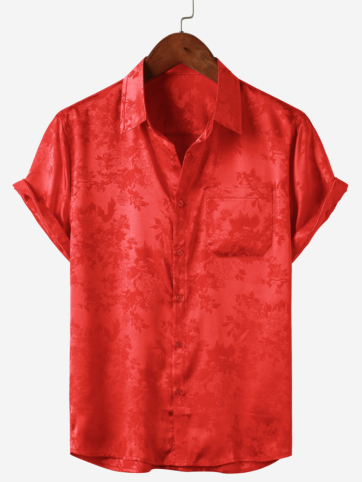 Men's Casual Jacquard Silk Satin Floral Pocket Short Sleeve Shirt