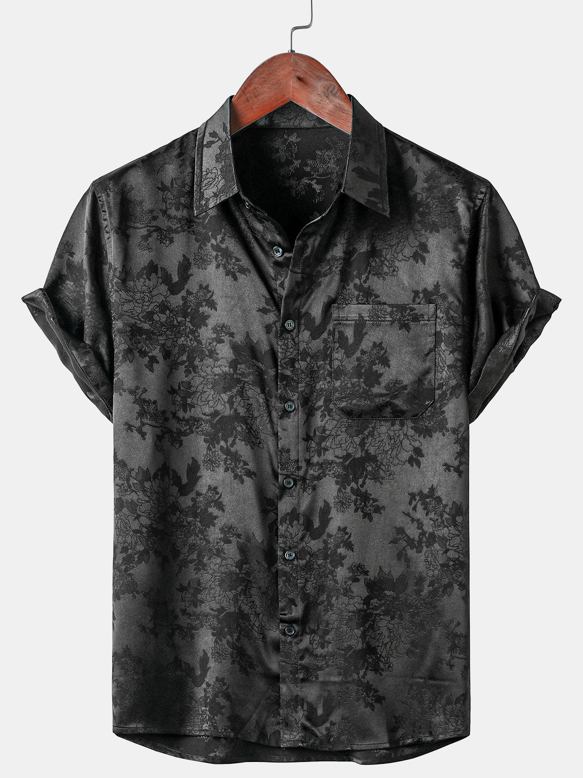 Men's Casual Jacquard Silk Satin Floral Pocket Short Sleeve Shirt