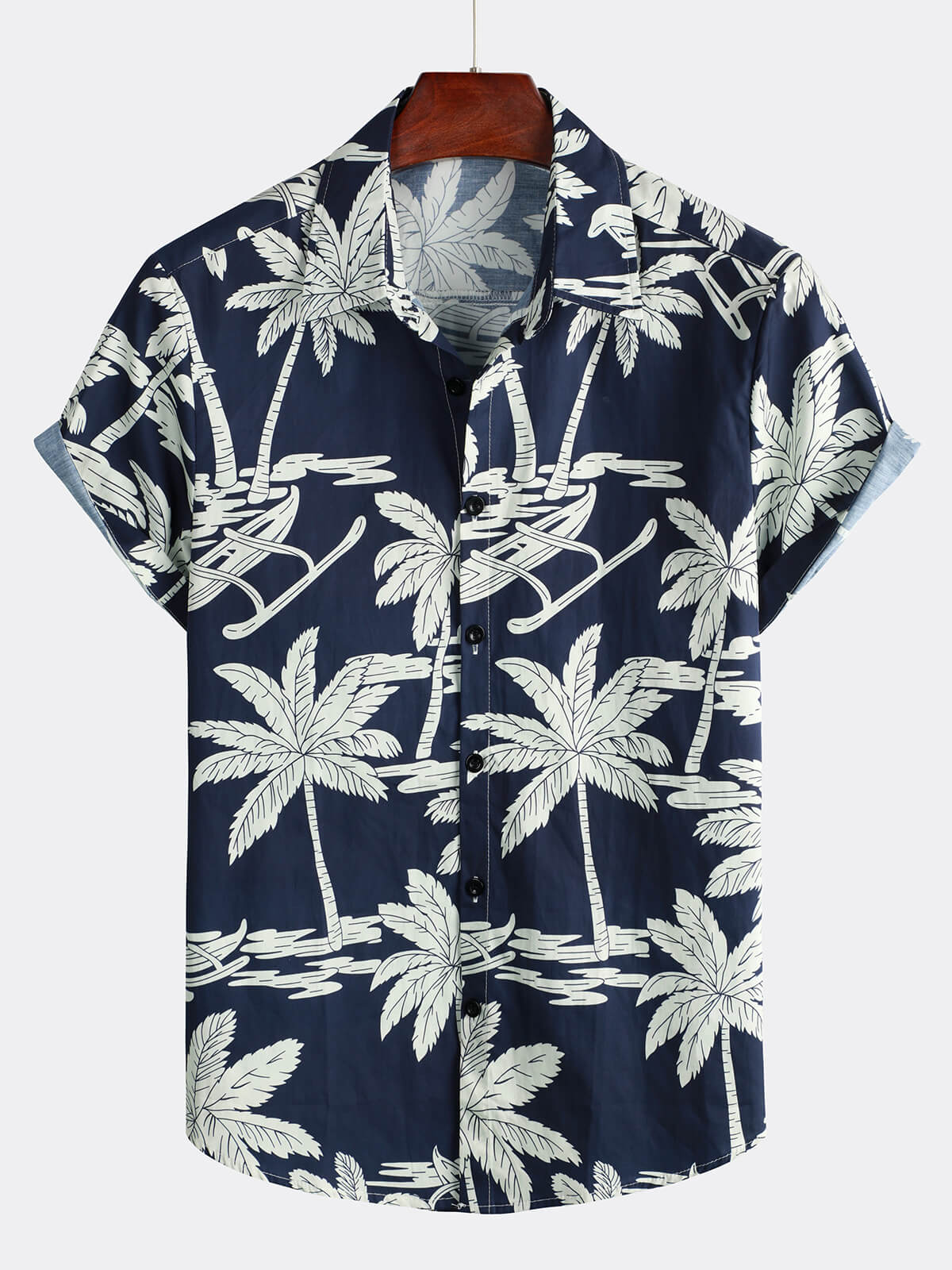 Men's Palm Tree Print Cotton Navy Blue Button Up Holiday Short Sleeve Hawaiian Shirt