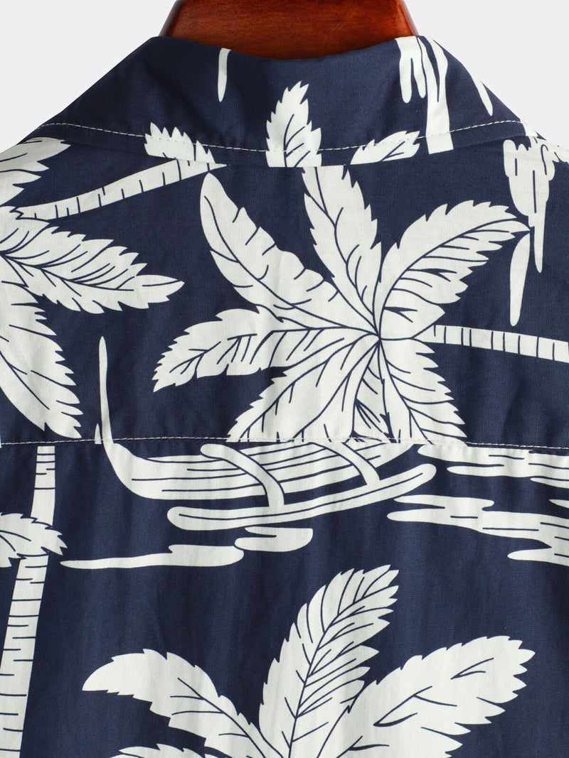 Men's Palm Tree Print Cotton Navy Blue Button Up Holiday Short Sleeve Hawaiian Shirt
